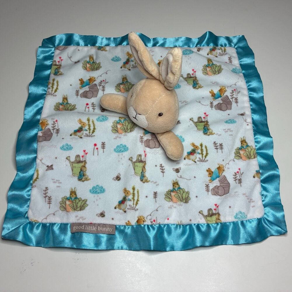 Beatrix Potter Peter Rabbit Lovey Blue White Baby Blanket Good Little Bunny